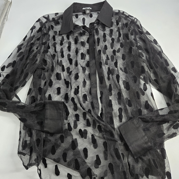 Hot Topic Black Flocked Coffin Sheer Long-Sleeve Button-Up 1, XS - Picture 2 of 8